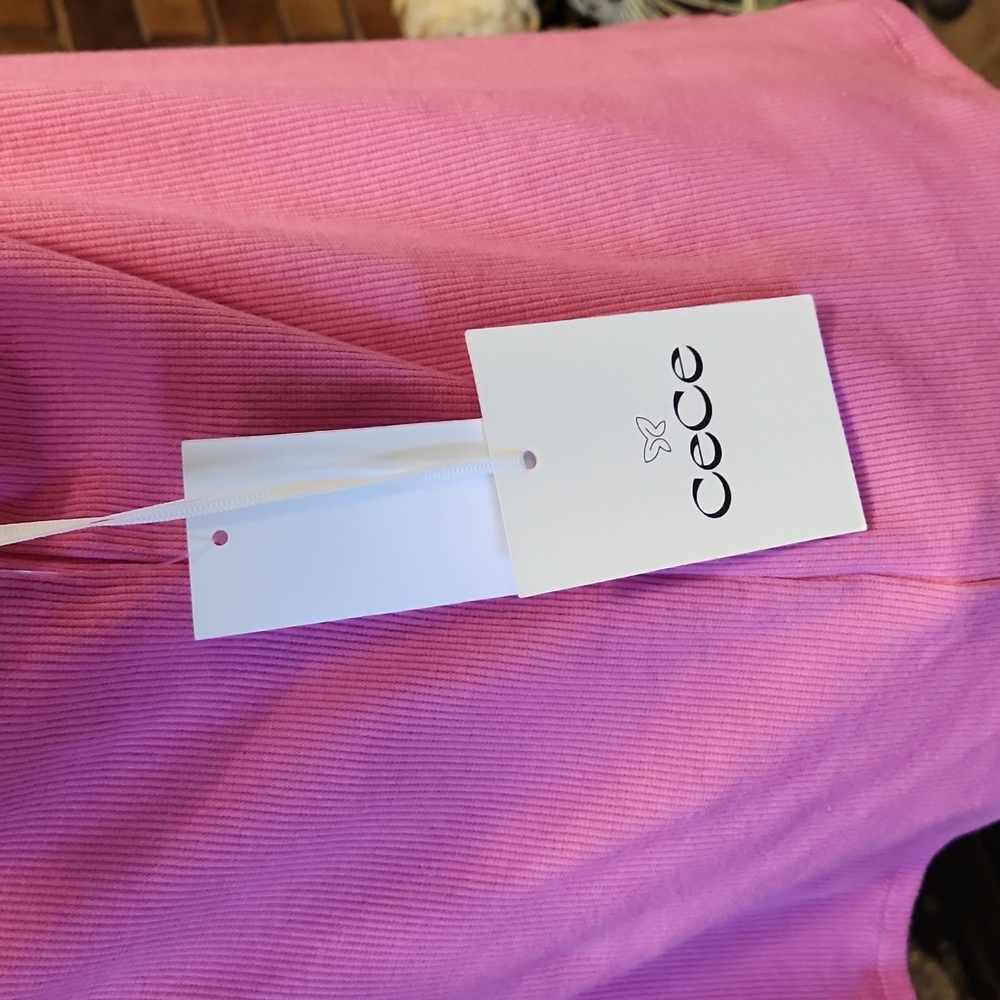 CeCe Vibrant Pink Rhinestone Button Henley Y2k Ribbed Ruffled Base Layer Shirt - Picture 9 of 16